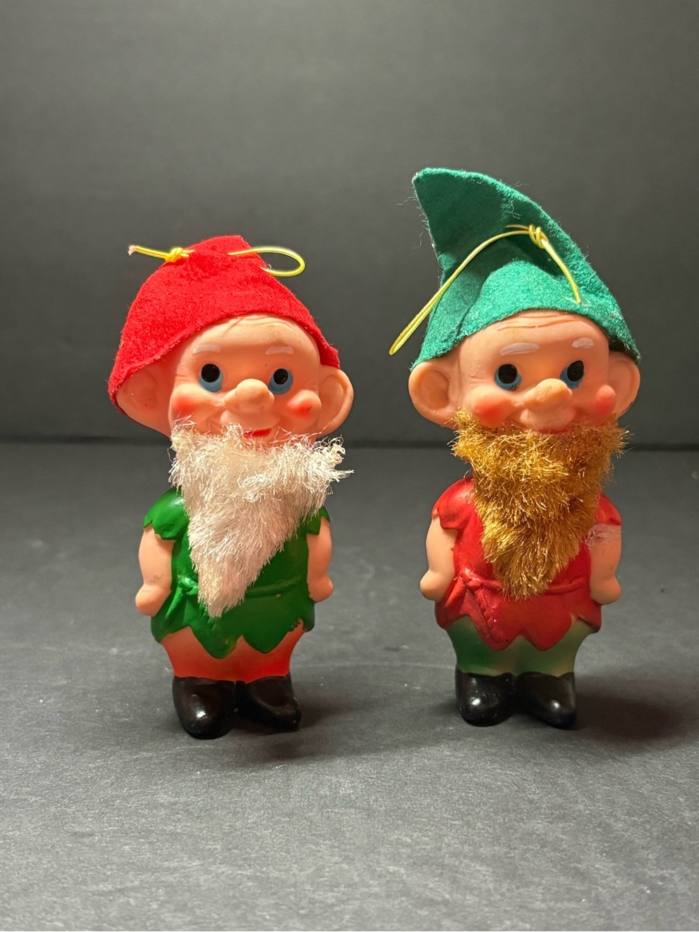 Vintage Christmas Pixie Elves Ornaments 2-Flocked Felt Elves Kitschy Christmas